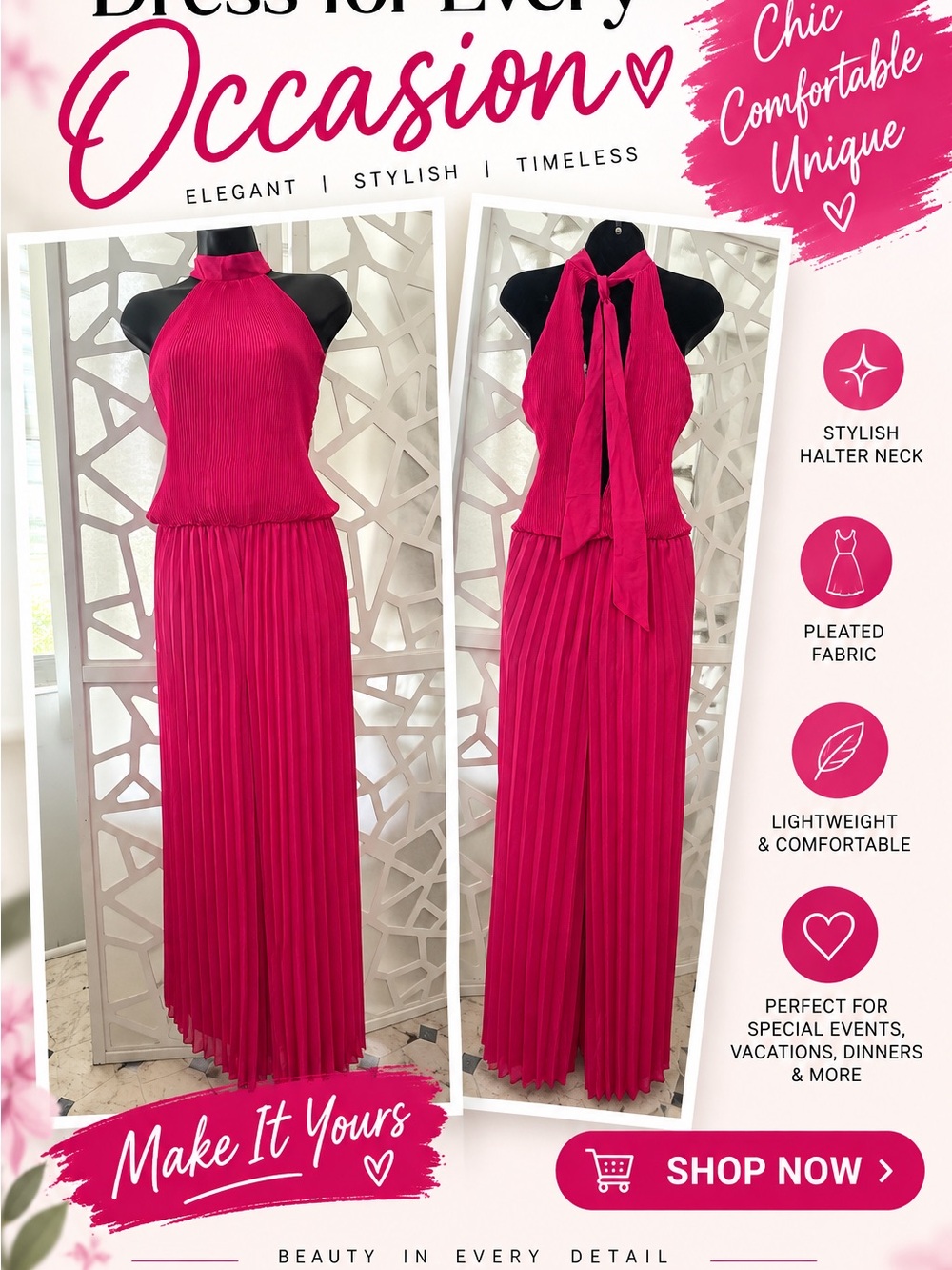 Meghan LA Halter Pleated Maxi Dress in Fuchsia